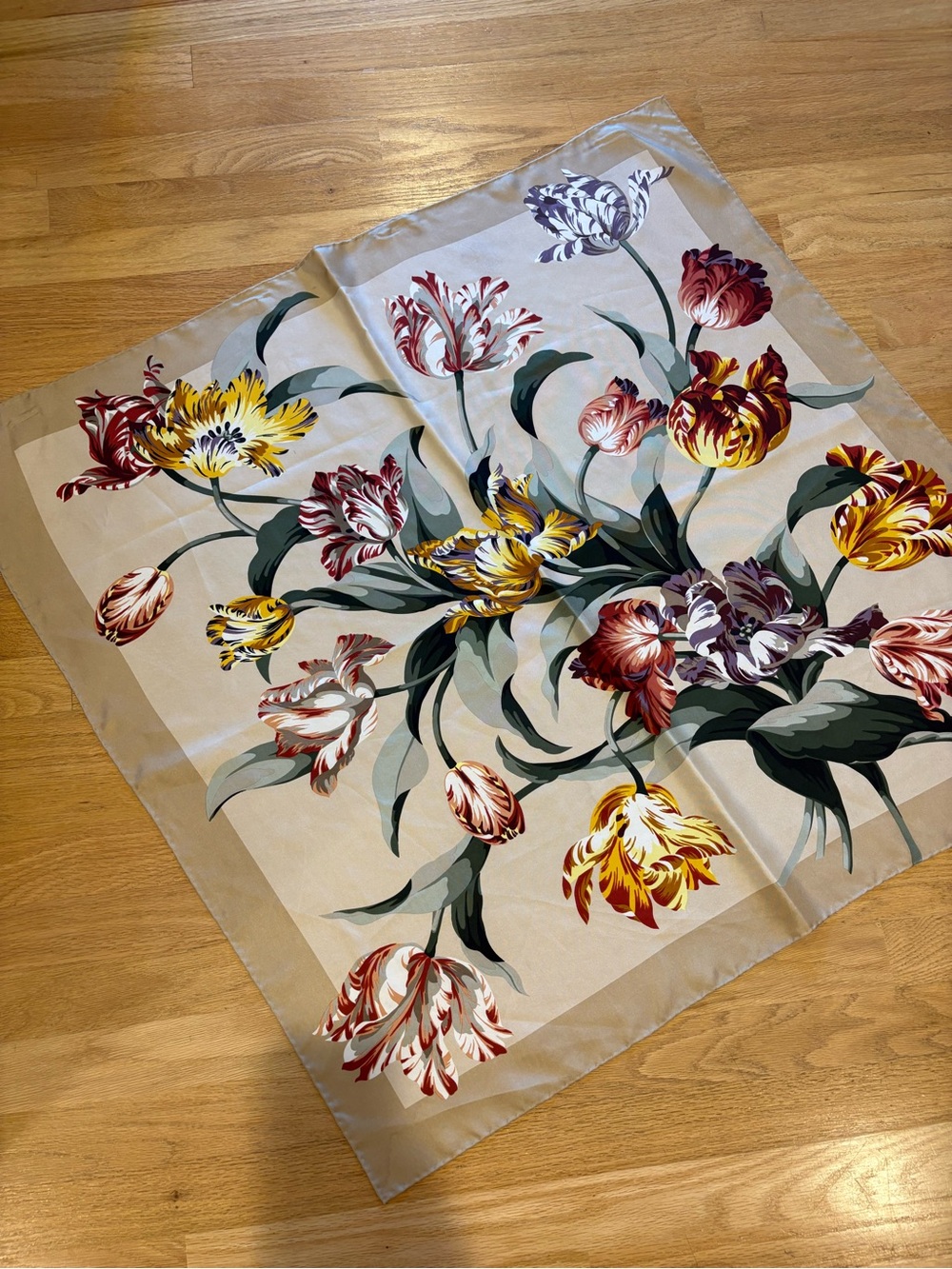 Valentino Floral Silk Scarf in Cream with Yellow, Red, and Green Tulips